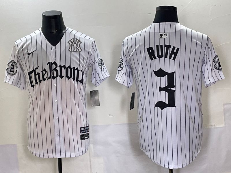 Men 2025 New York Yankees 3 Ruth White Stripe Five generations Joint Name Nike MLB Jersey style 08